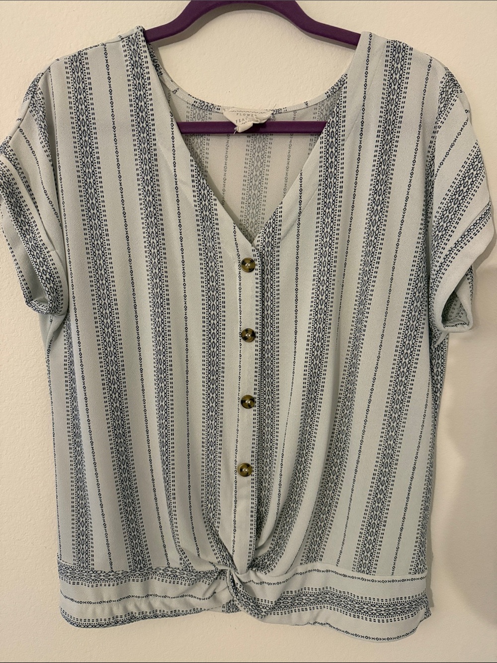 Striped V‑Neck Button Front Tie Hem Blouse - Light Blue